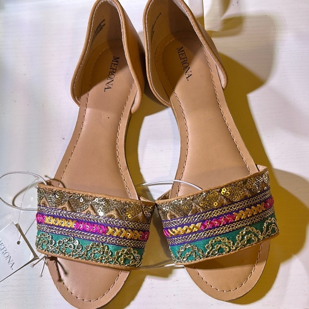 Merona Women's Sandals with Gold, Pink, and Green Accents